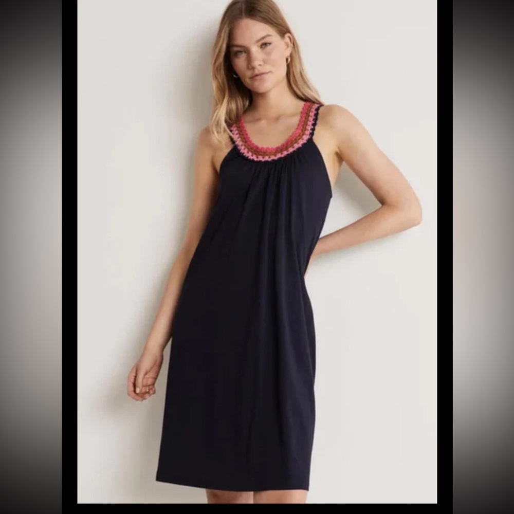 Boden Crochet Detail Jersey Dress Navy Blue Size 6 Preppy Casual Cotton Modal